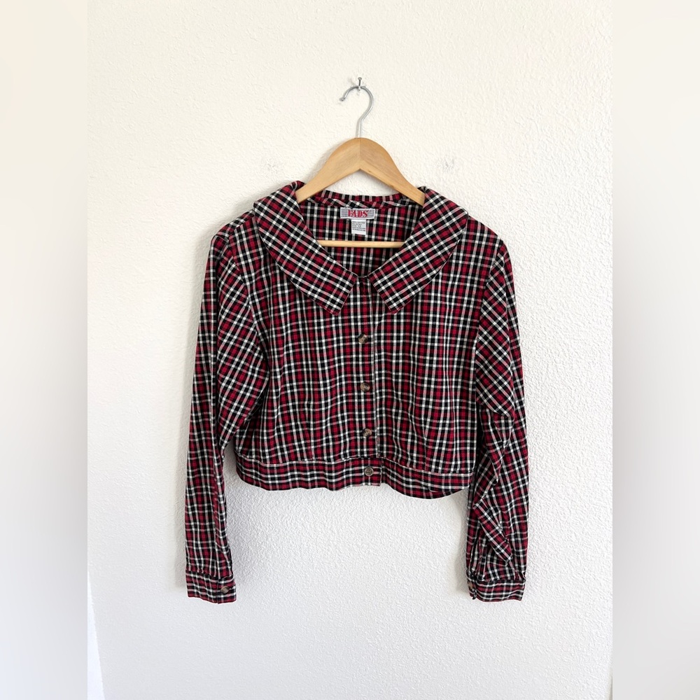 VINTAGE fads cotton plaid cropped button down shacket top / size M-L